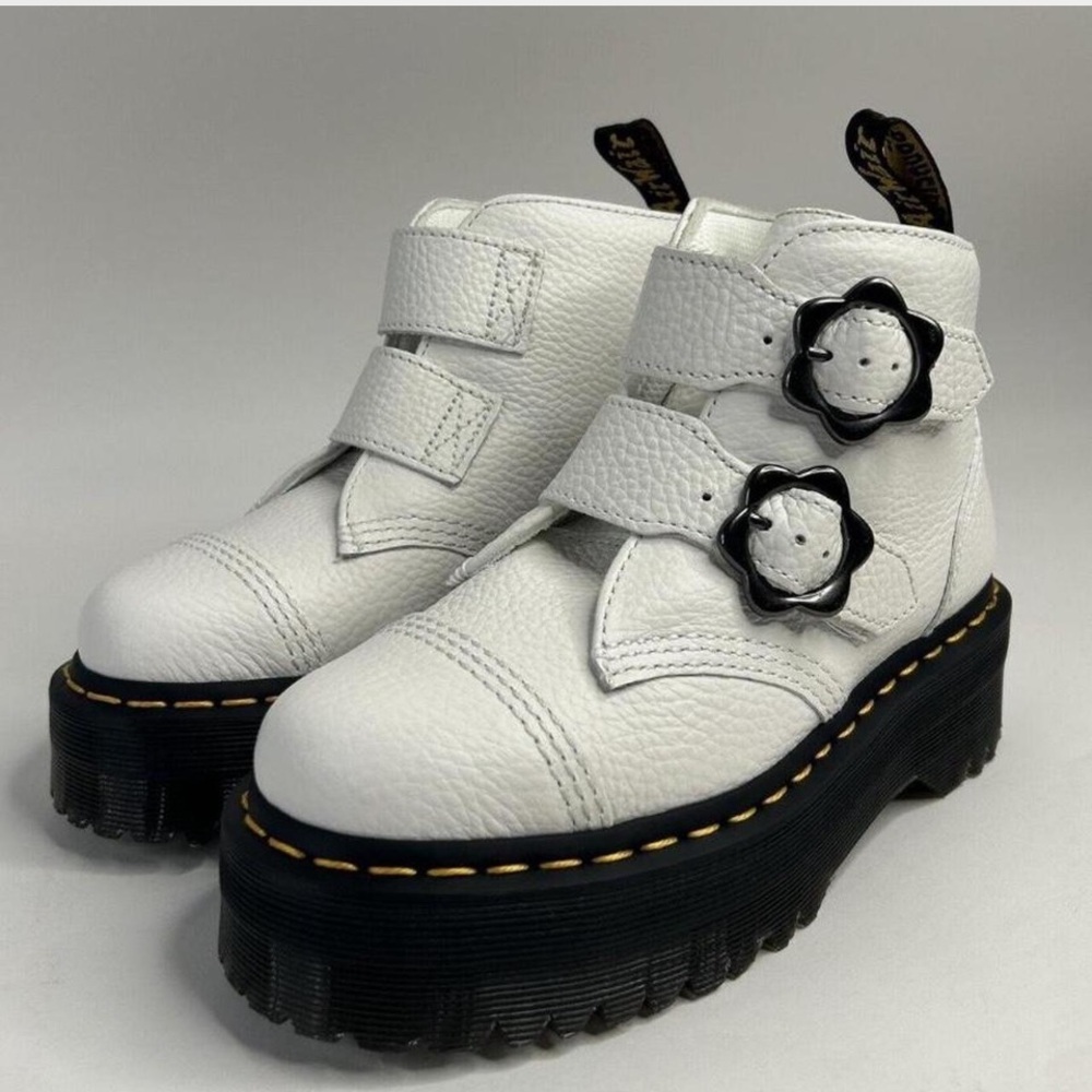 Dr. Martens White Platform Shoes with Black Soles